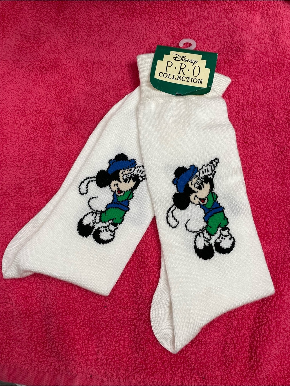 Disney White Crew Socks with Green Tag and Pink Accent